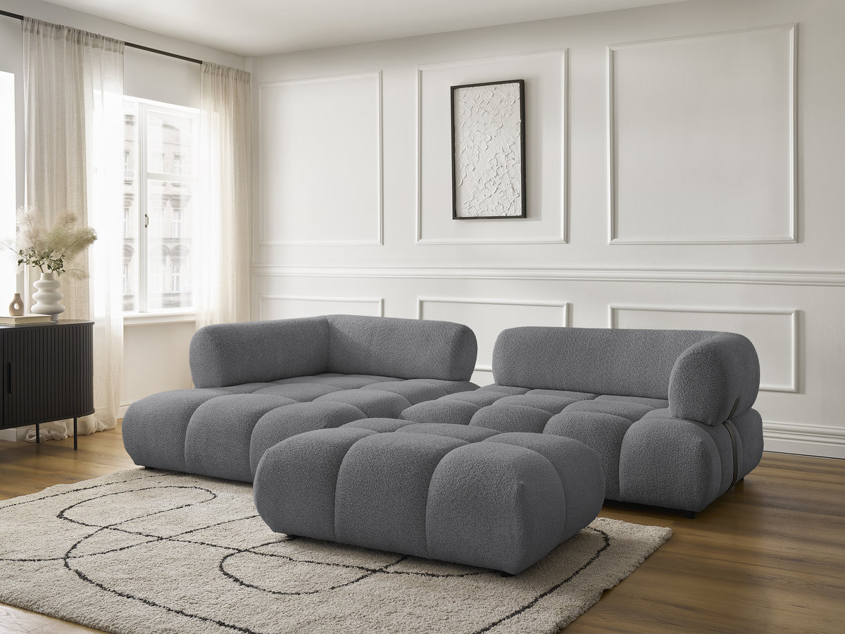 Canapé d'angle fixe ALYA tissu bouclette avec pouf