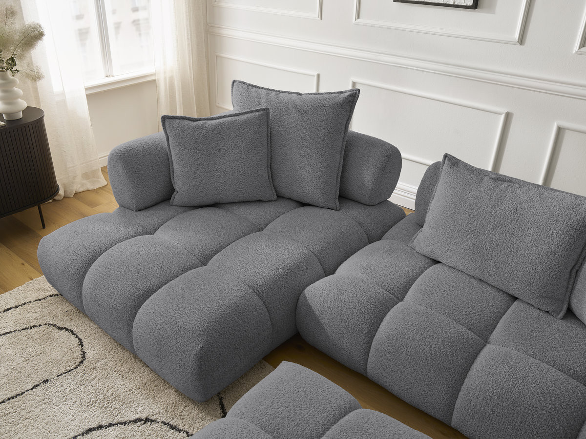 Canapé d'angle fixe ALYA tissu bouclette avec pouf
