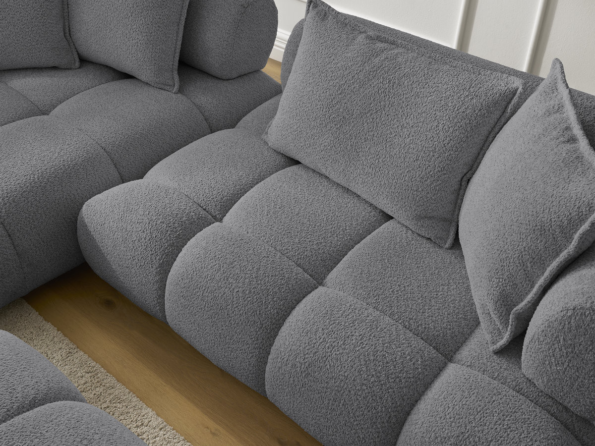 Canapé d'angle fixe ALYA tissu bouclette avec pouf