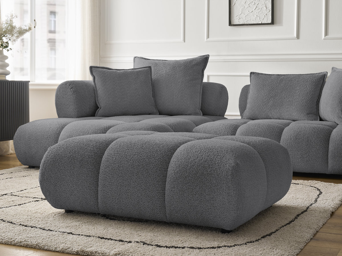 Canapé d'angle fixe ALYA tissu bouclette avec pouf