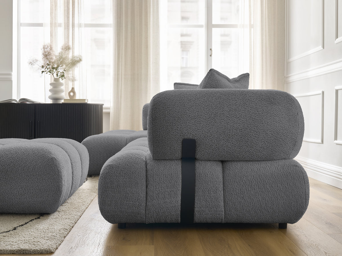 Canapé d'angle fixe ALYA tissu bouclette avec pouf
