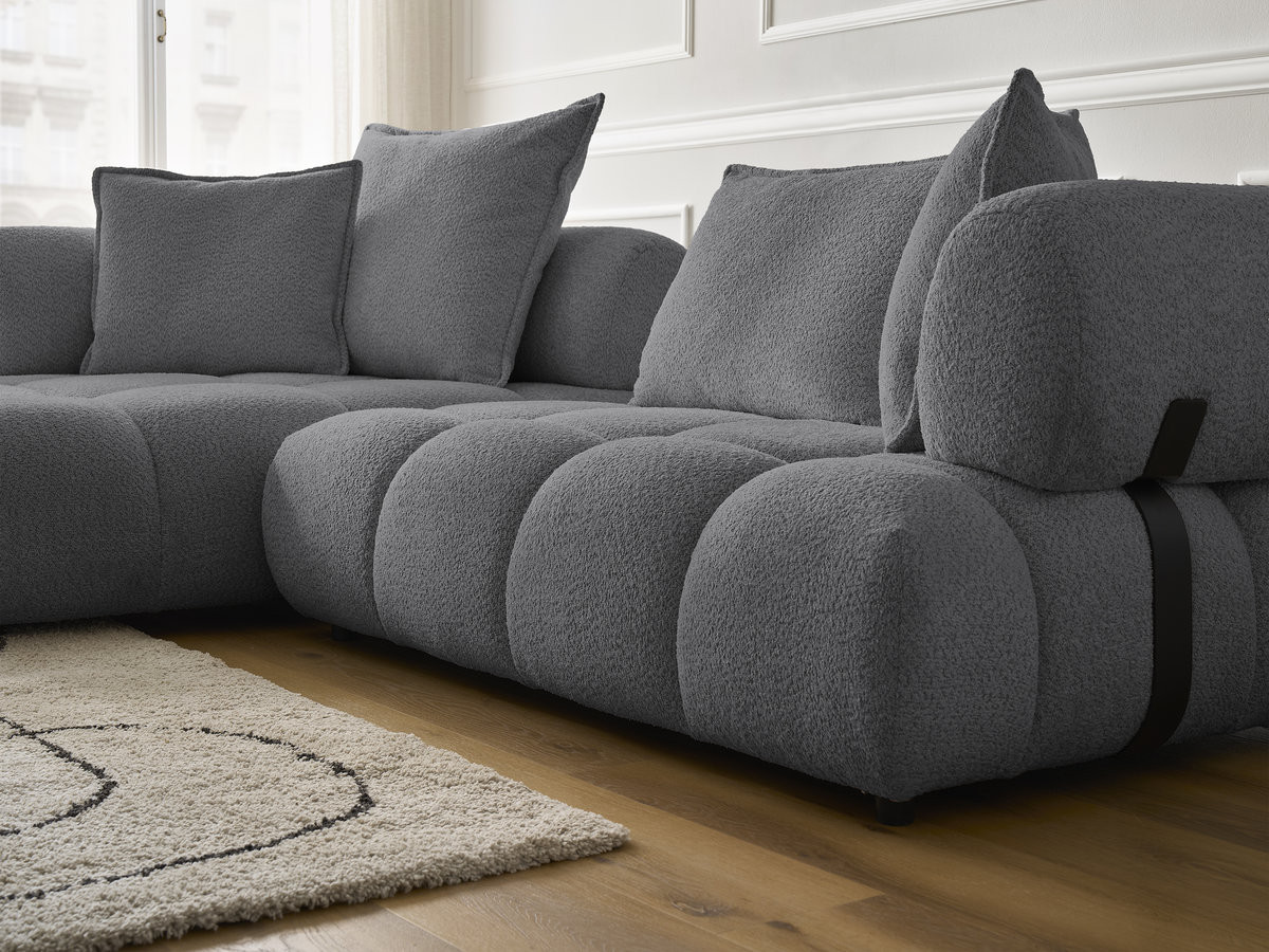 Canapé d'angle fixe ALYA tissu bouclette avec pouf