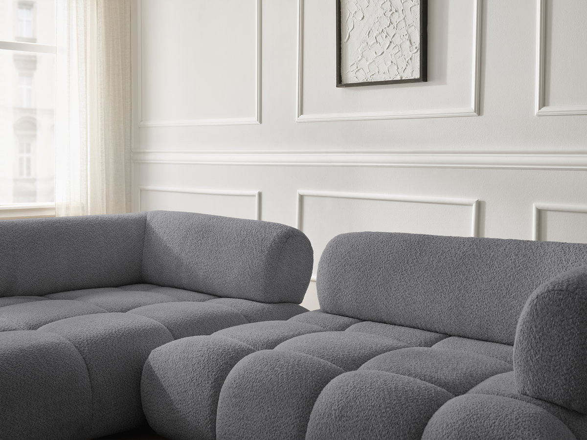 Canapé d'angle fixe ALYA tissu bouclette avec pouf
