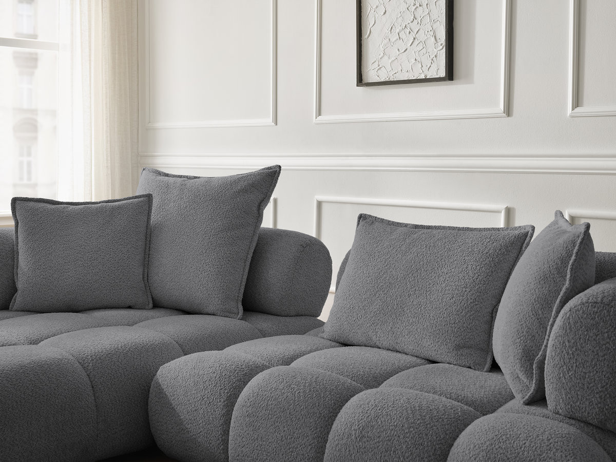 Canapé d'angle fixe ALYA tissu bouclette avec pouf