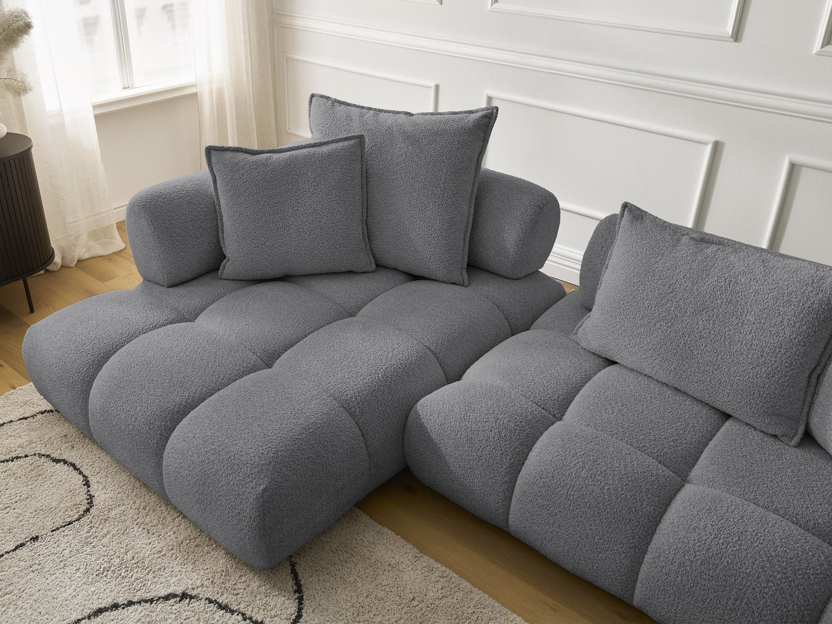Canapé d'angle fixe ALYA tissu bouclette avec pouf