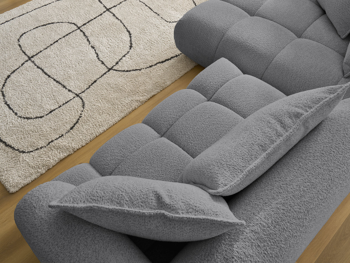 Canapé d'angle fixe ALYA tissu bouclette avec pouf