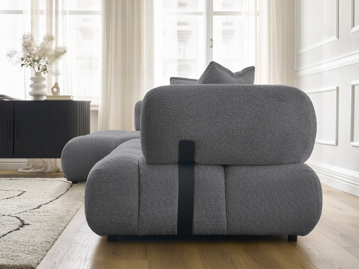 Canapé d'angle fixe ALYA tissu bouclette avec pouf