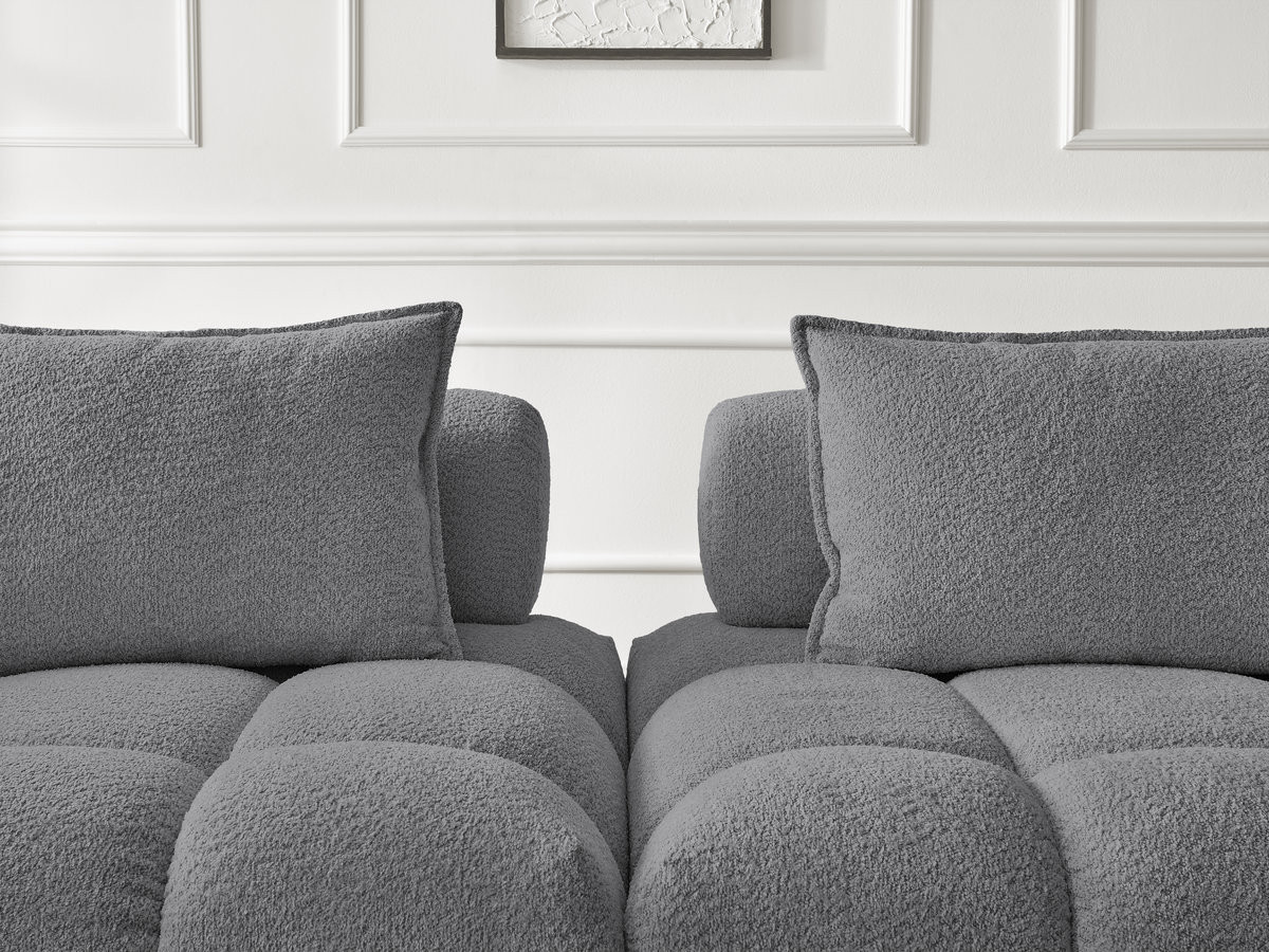 Canapé d'angle fixe ALYA tissu bouclette avec pouf