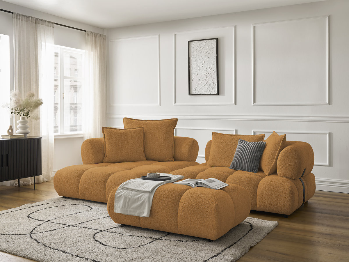 Canapé d'angle fixe ALYA tissu bouclette avec pouf