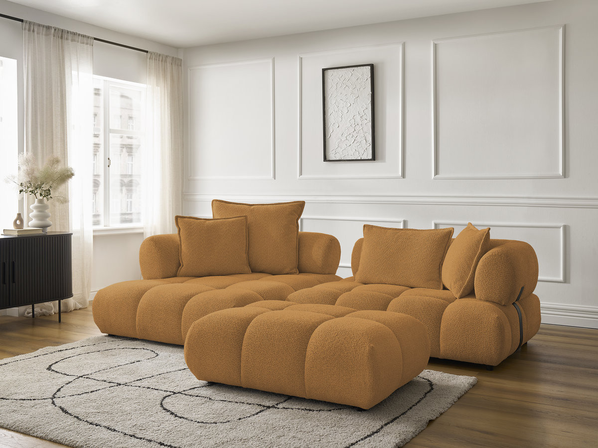 Canapé d'angle fixe ALYA tissu bouclette avec pouf
