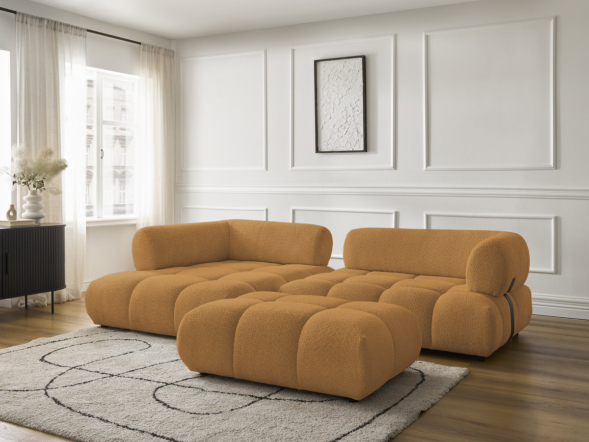 Canapé d'angle fixe ALYA tissu bouclette avec pouf