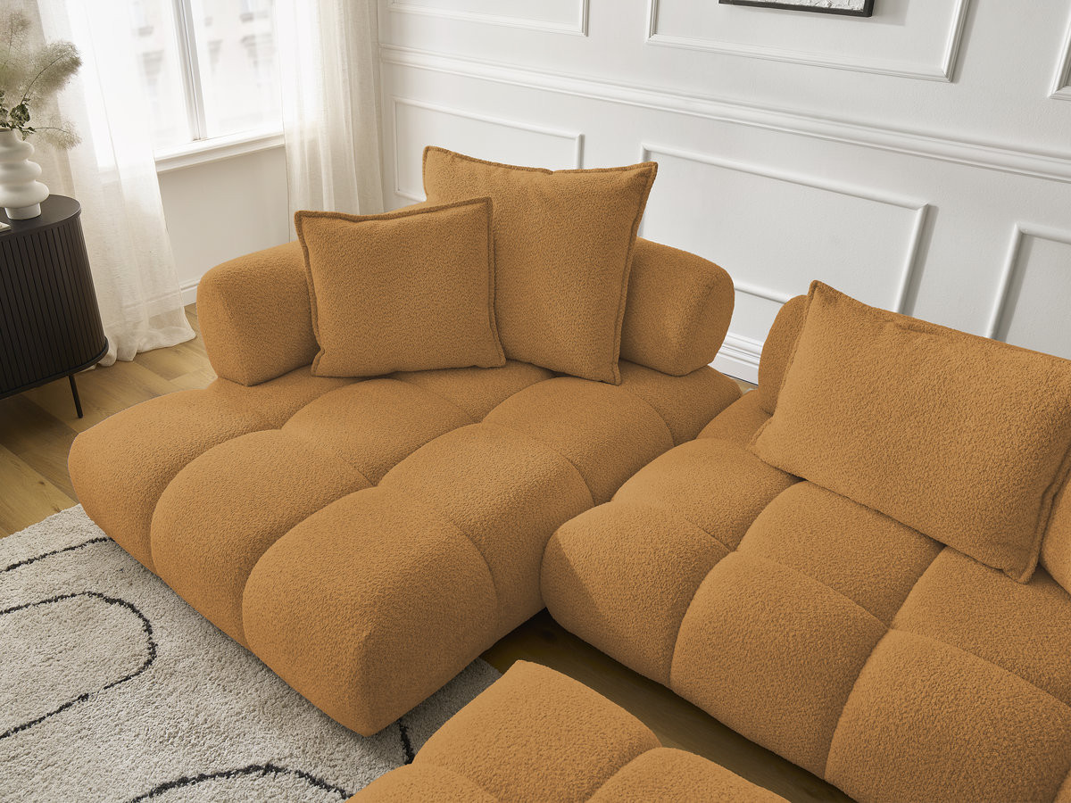 Canapé d'angle fixe ALYA tissu bouclette avec pouf