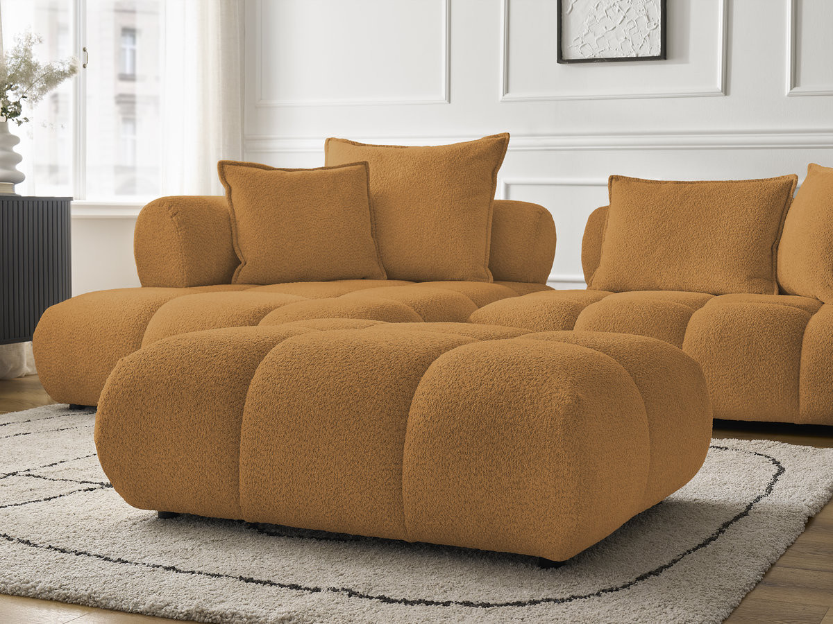 Canapé d'angle fixe ALYA tissu bouclette avec pouf