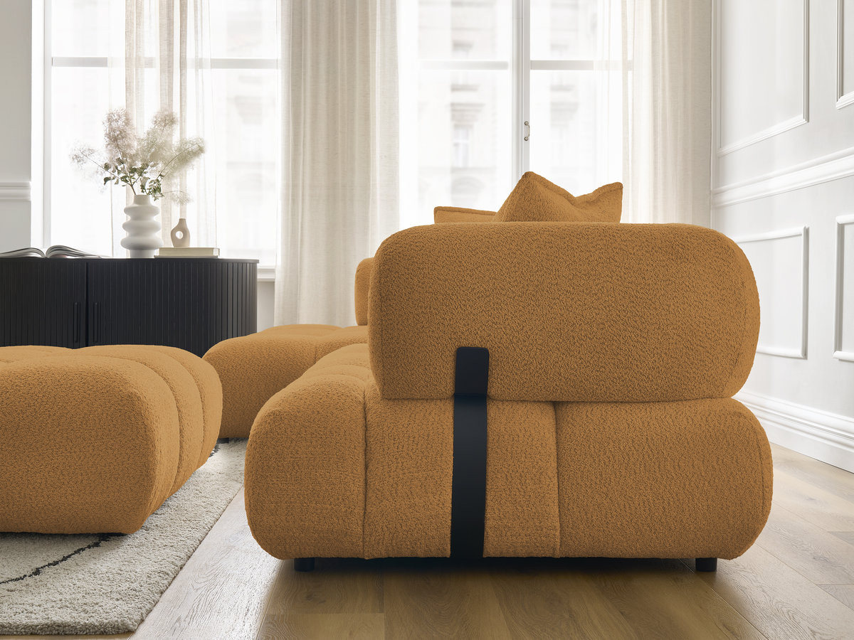 Canapé d'angle fixe ALYA tissu bouclette avec pouf