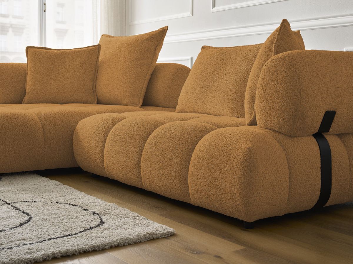 Canapé d'angle fixe ALYA tissu bouclette avec pouf