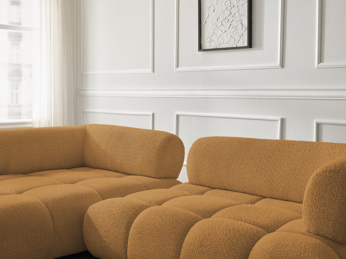 Canapé d'angle fixe ALYA tissu bouclette avec pouf