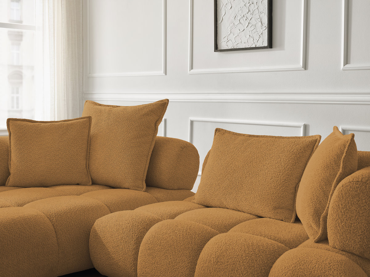 Canapé d'angle fixe ALYA tissu bouclette avec pouf