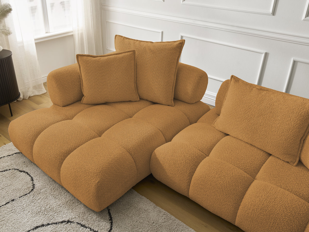 Canapé d'angle fixe ALYA tissu bouclette avec pouf