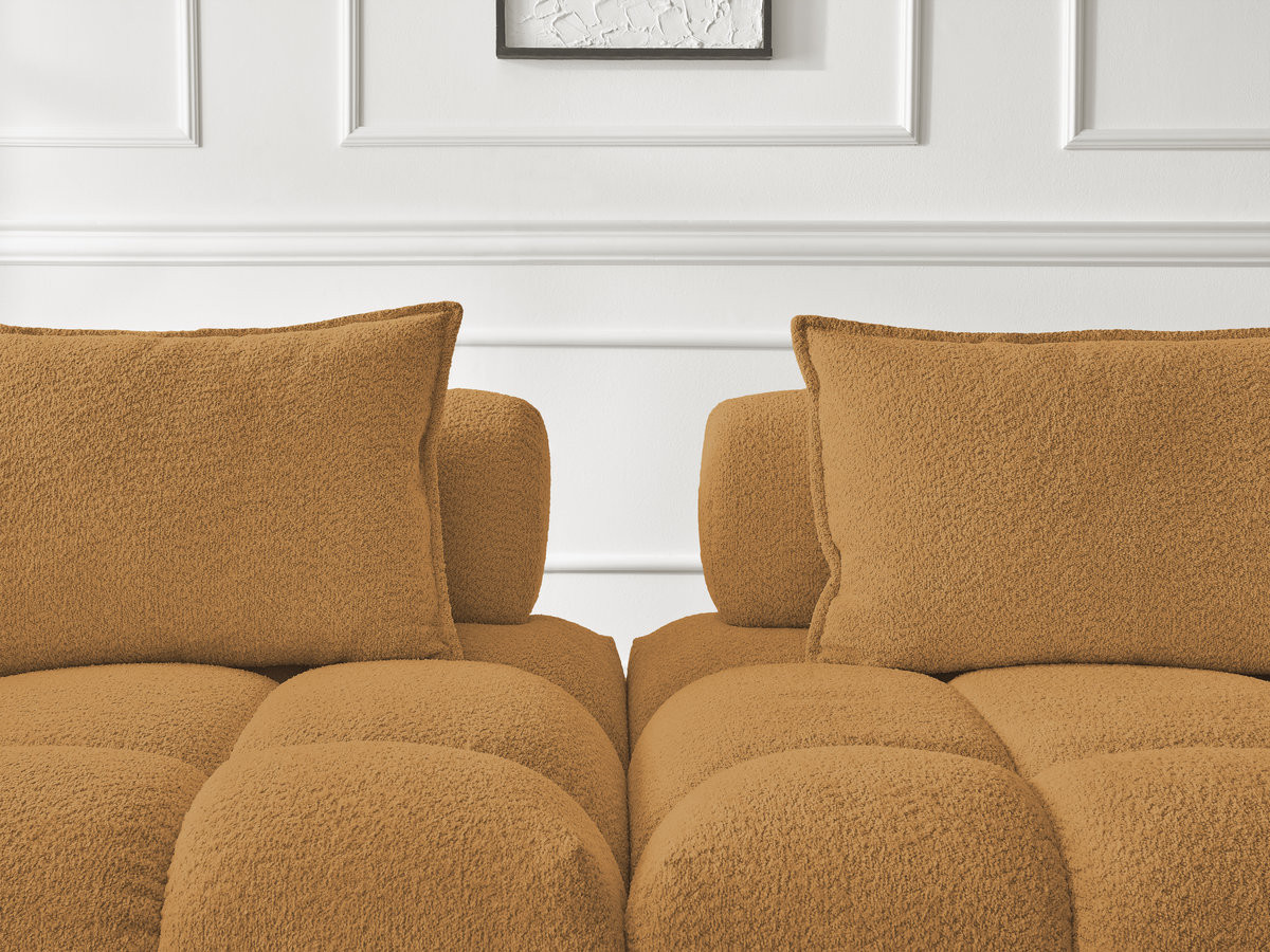 Canapé d'angle fixe ALYA tissu bouclette avec pouf