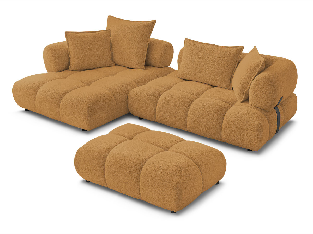 Canapé d'angle fixe ALYA tissu bouclette avec pouf