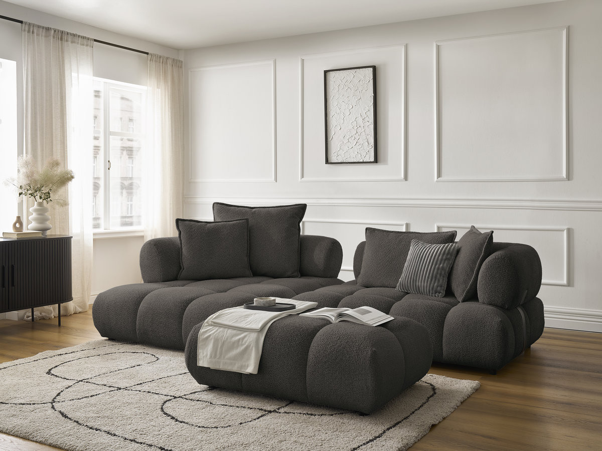 Canapé d'angle fixe ALYA tissu bouclette avec pouf