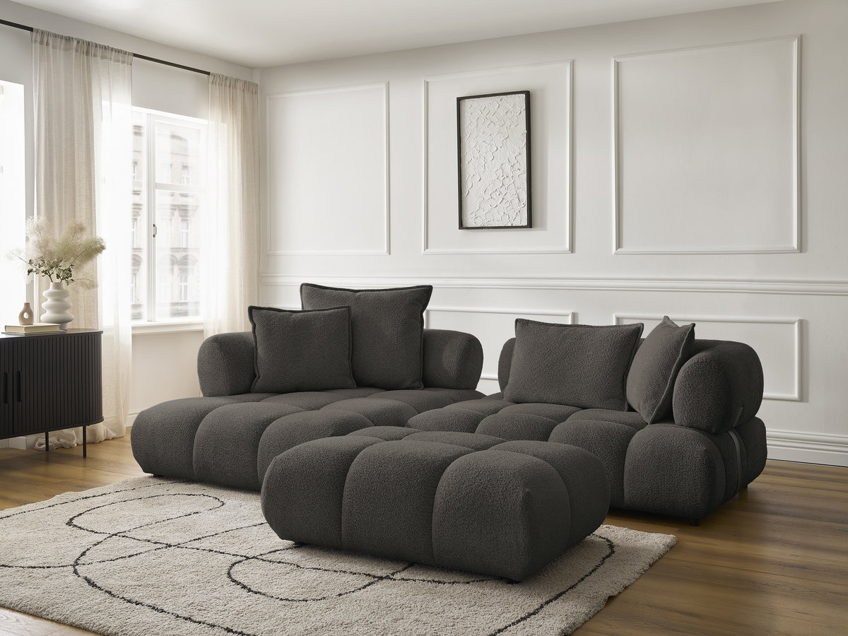 Canapé d'angle fixe ALYA tissu bouclette avec pouf