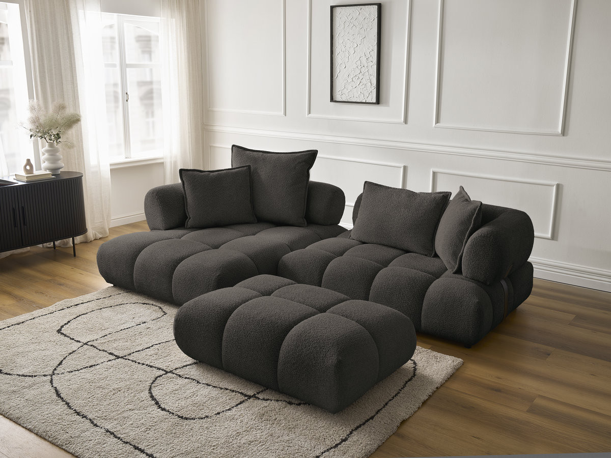 Canapé d'angle fixe ALYA tissu bouclette avec pouf