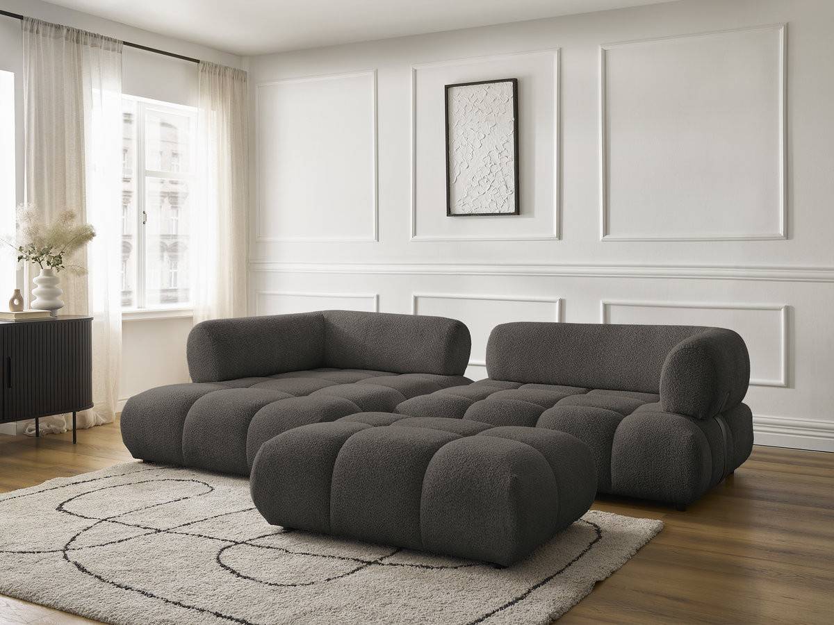 Canapé d'angle fixe ALYA tissu bouclette avec pouf