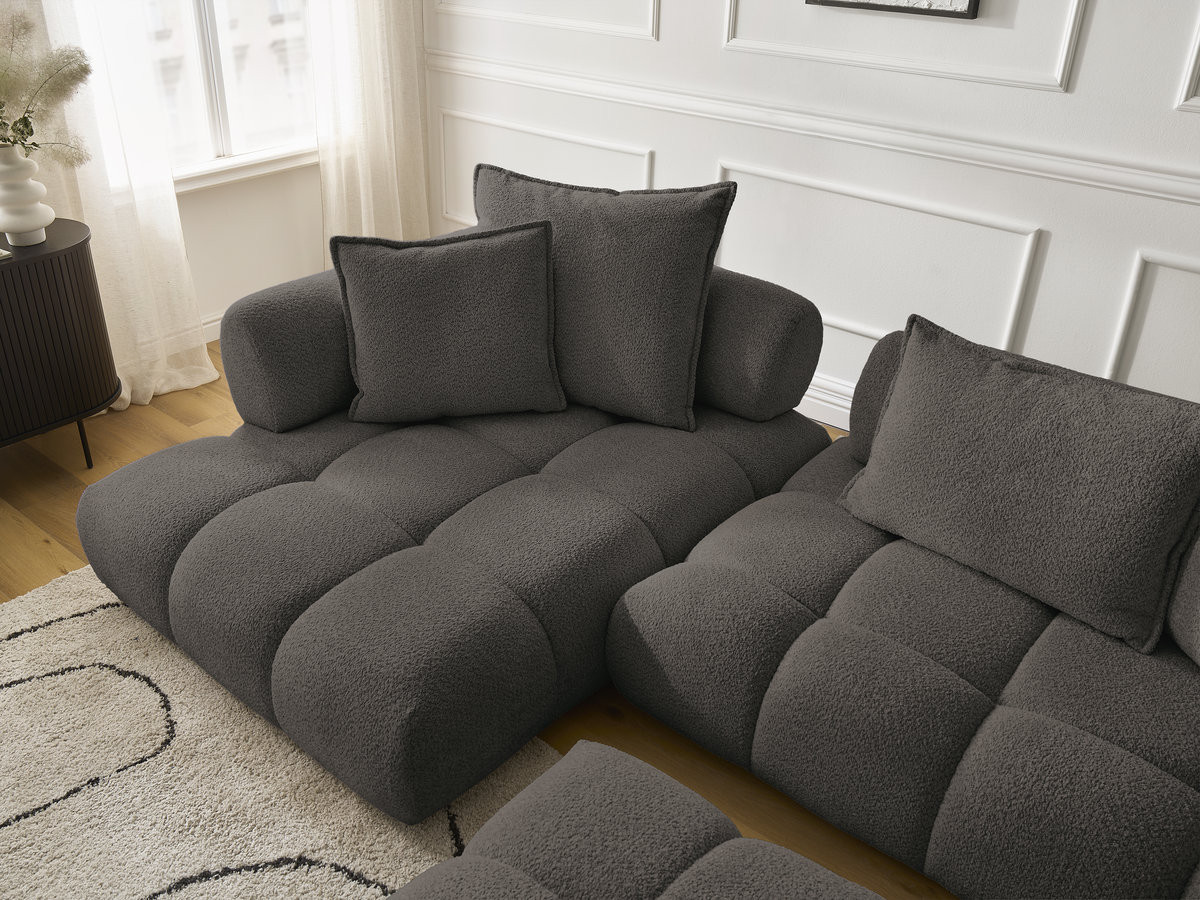 Canapé d'angle fixe ALYA tissu bouclette avec pouf