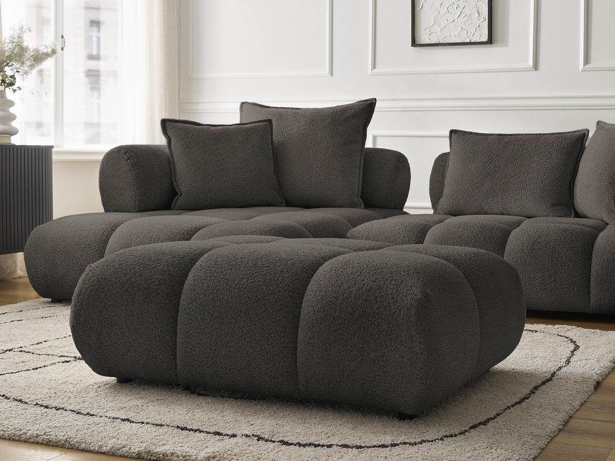 Canapé d'angle fixe ALYA tissu bouclette avec pouf