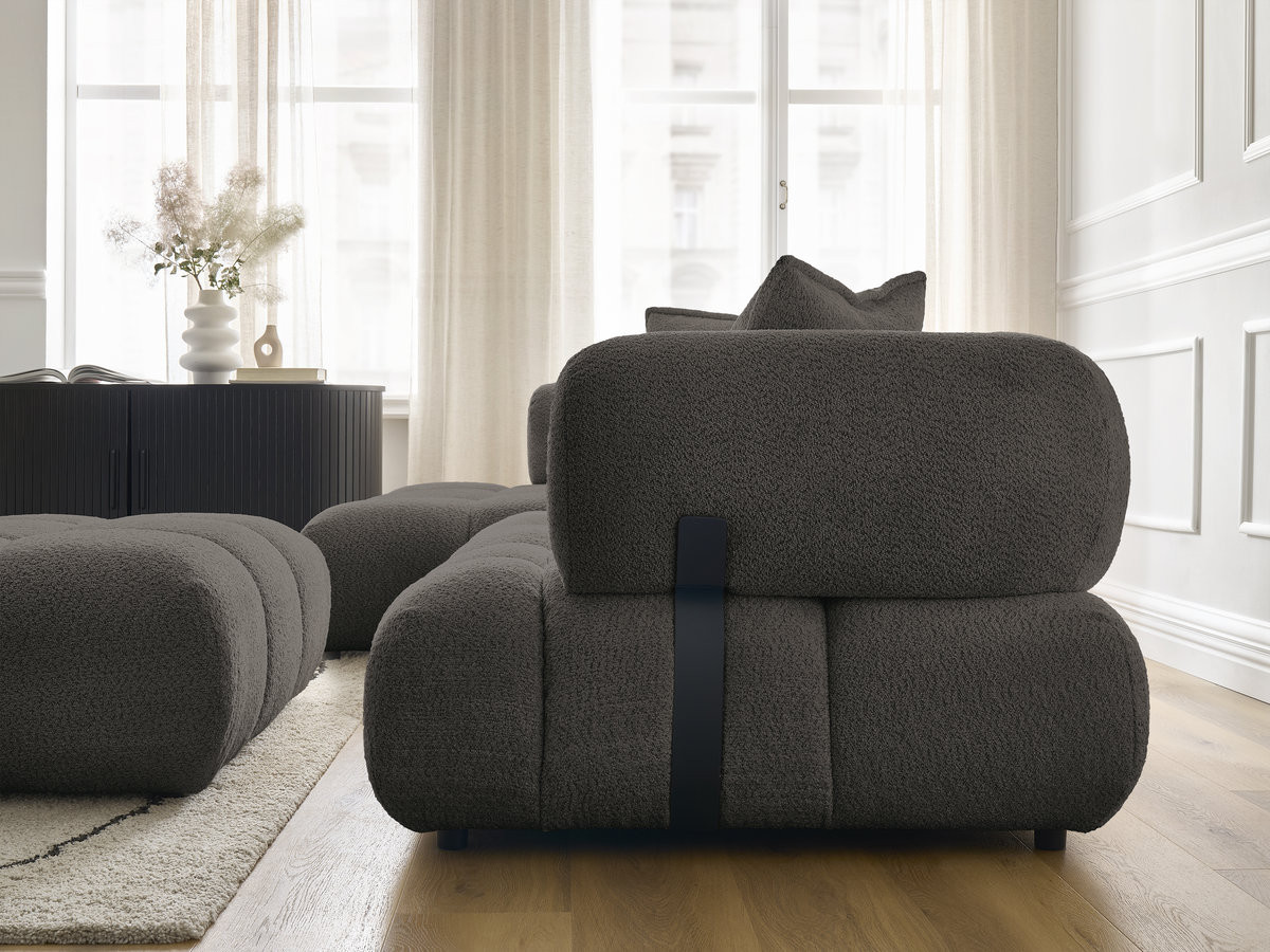 Canapé d'angle fixe ALYA tissu bouclette avec pouf