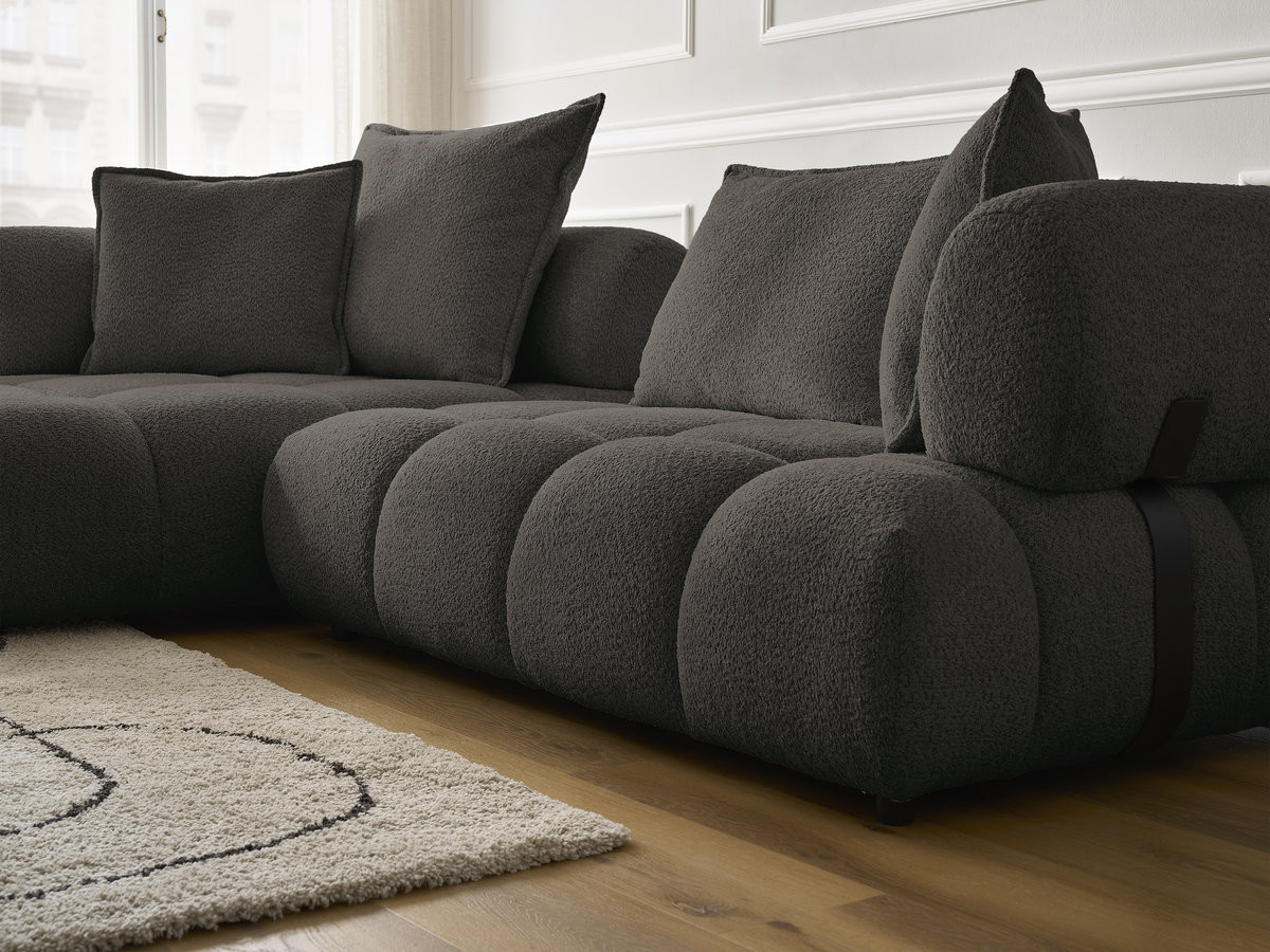 Canapé d'angle fixe ALYA tissu bouclette avec pouf