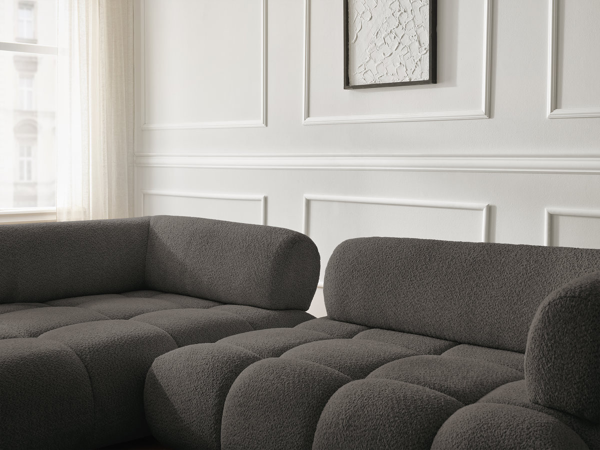 Canapé d'angle fixe ALYA tissu bouclette avec pouf