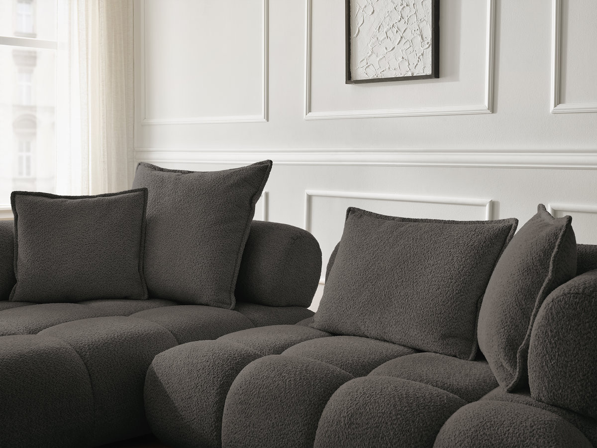 Canapé d'angle fixe ALYA tissu bouclette avec pouf