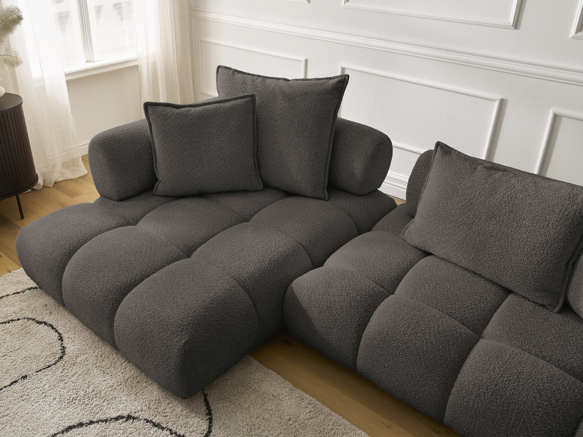 Canapé d'angle fixe ALYA tissu bouclette avec pouf