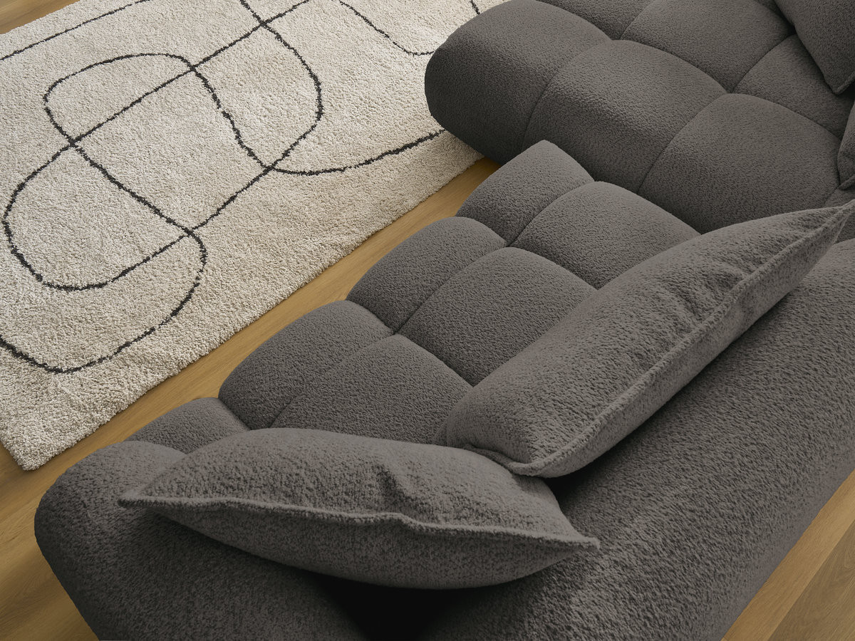 Canapé d'angle fixe ALYA tissu bouclette avec pouf