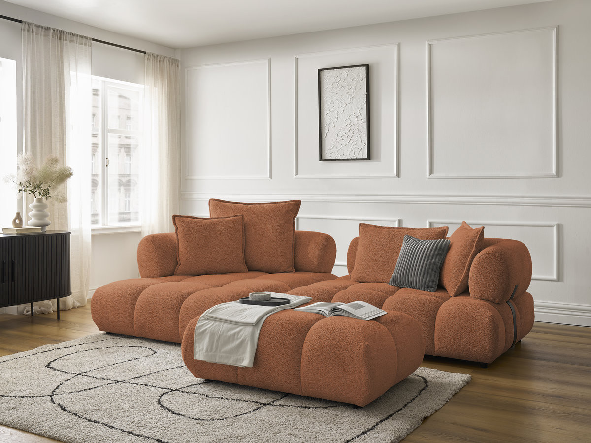 Canapé d'angle fixe ALYA tissu bouclette avec pouf