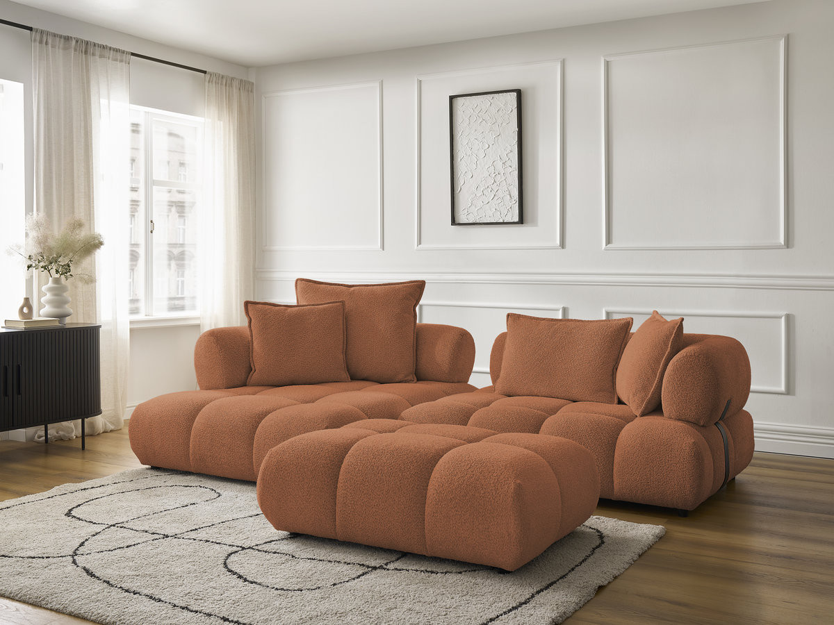 Canapé d'angle fixe ALYA tissu bouclette avec pouf