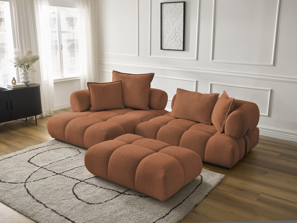 Canapé d'angle fixe ALYA tissu bouclette avec pouf