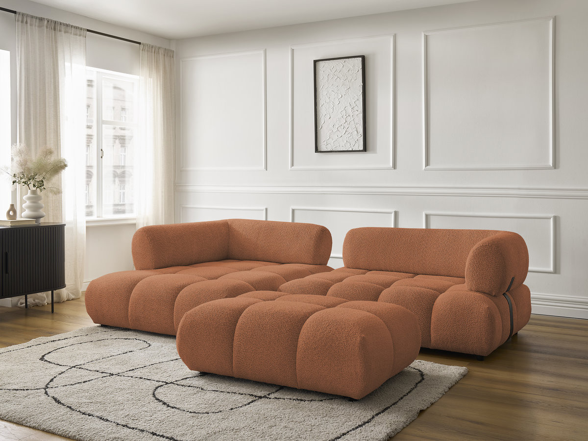 Canapé d'angle fixe ALYA tissu bouclette avec pouf