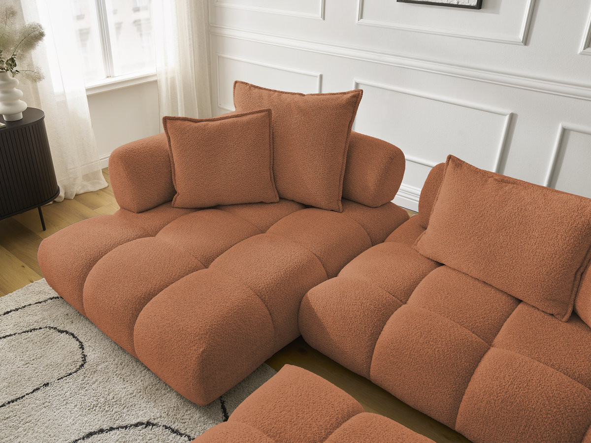 Canapé d'angle fixe ALYA tissu bouclette avec pouf