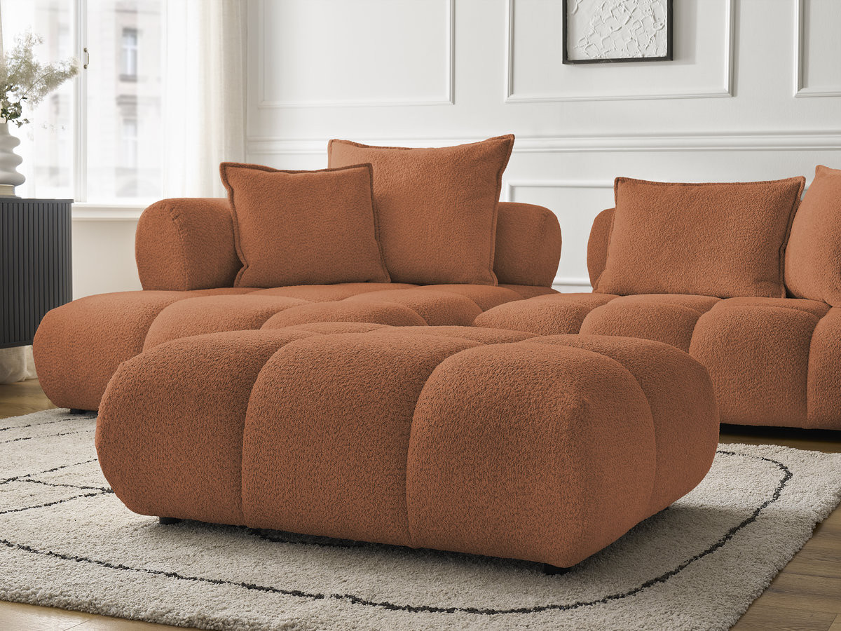 Canapé d'angle fixe ALYA tissu bouclette avec pouf