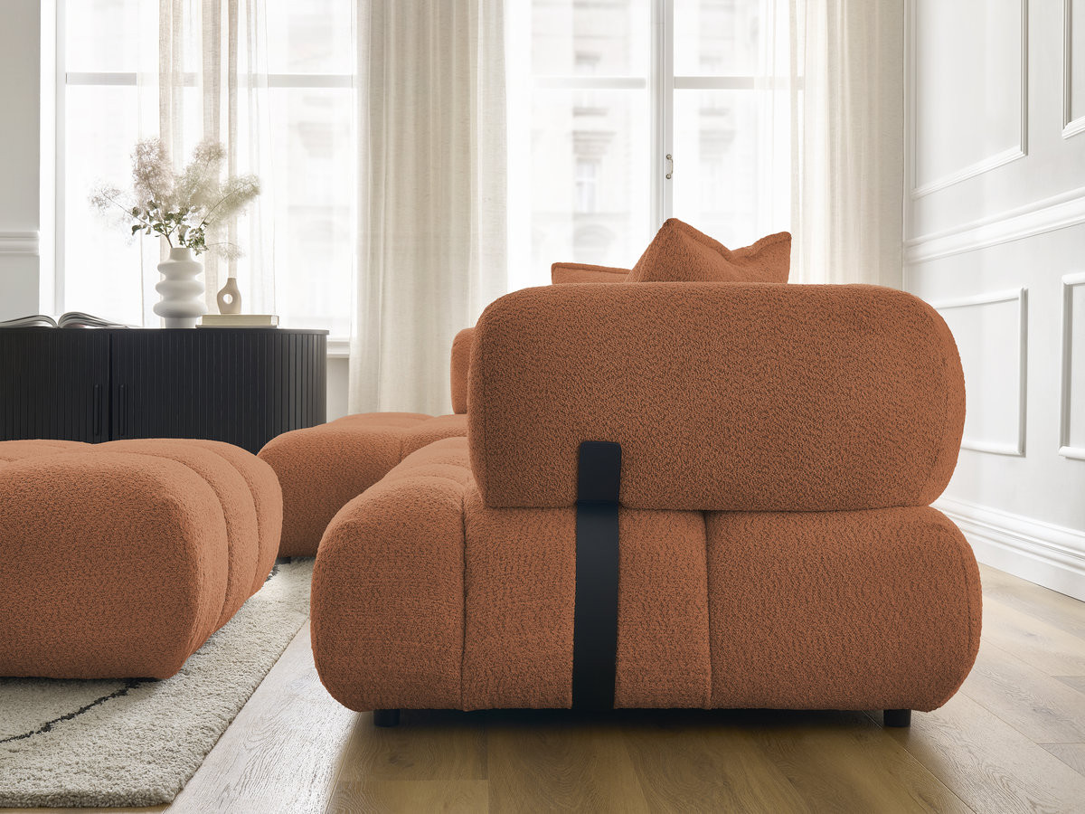 Canapé d'angle fixe ALYA tissu bouclette avec pouf