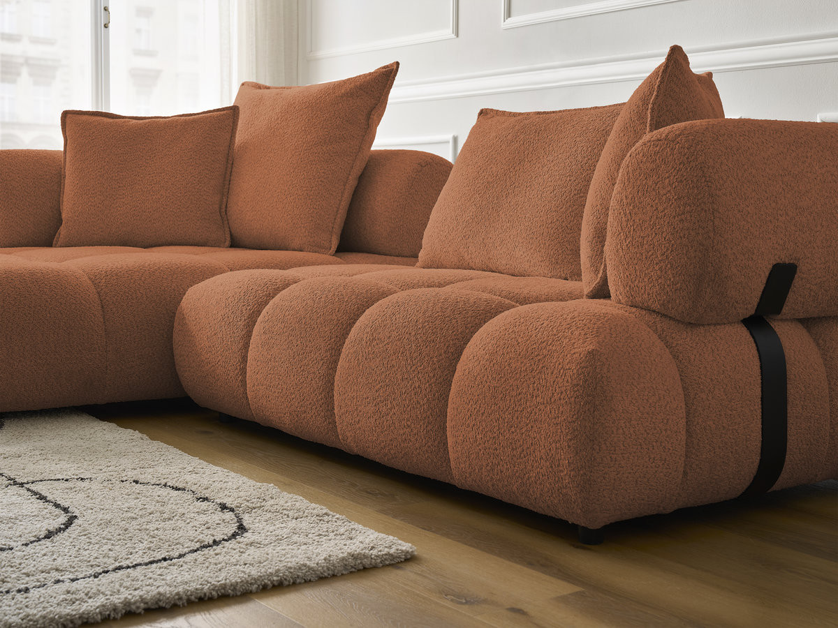 Canapé d'angle fixe ALYA tissu bouclette avec pouf