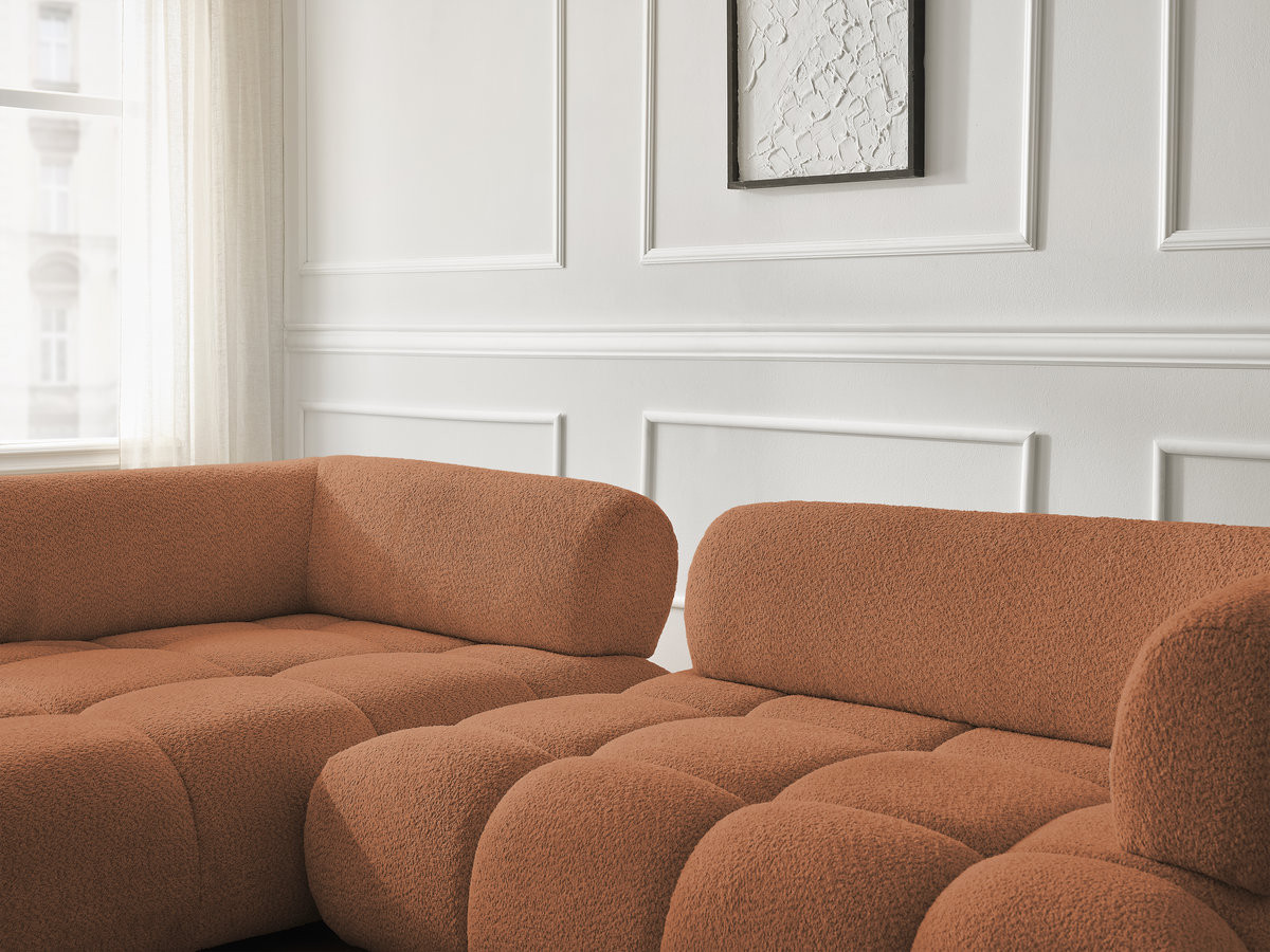 Canapé d'angle fixe ALYA tissu bouclette avec pouf