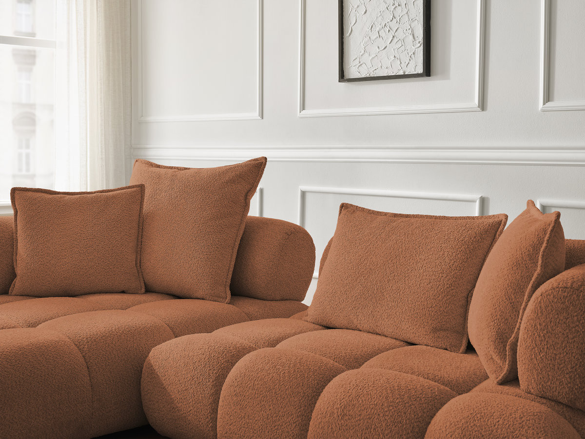 Canapé d'angle fixe ALYA tissu bouclette avec pouf