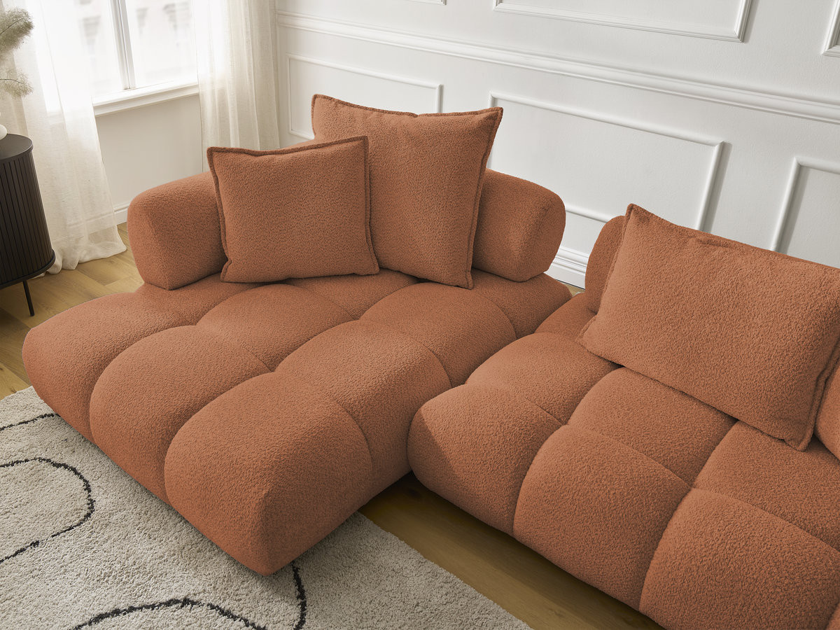 Canapé d'angle fixe ALYA tissu bouclette avec pouf