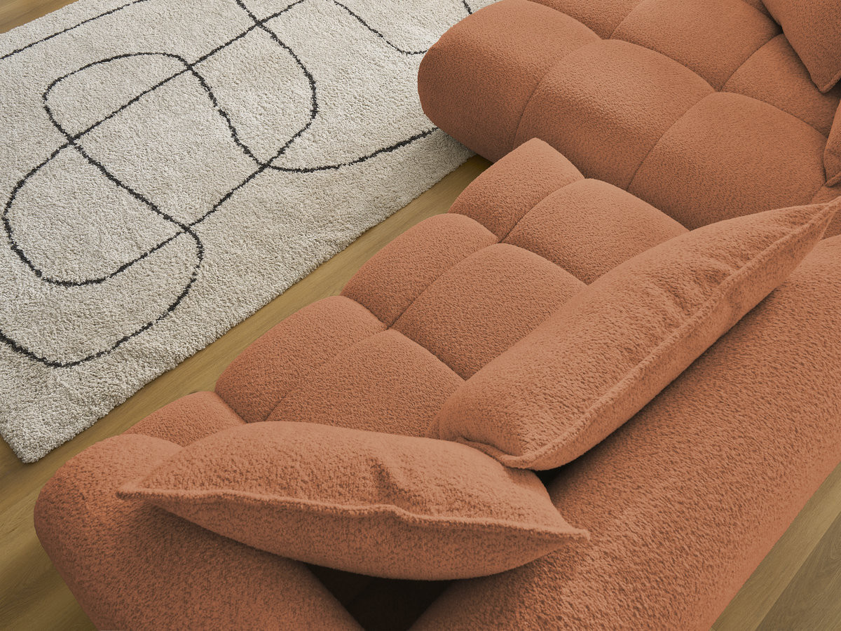 Canapé d'angle fixe ALYA tissu bouclette avec pouf