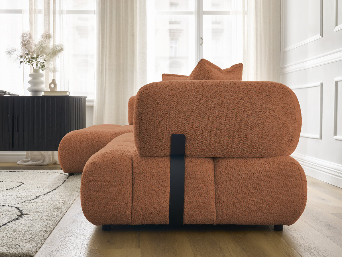 Canapé d'angle fixe ALYA tissu bouclette avec pouf