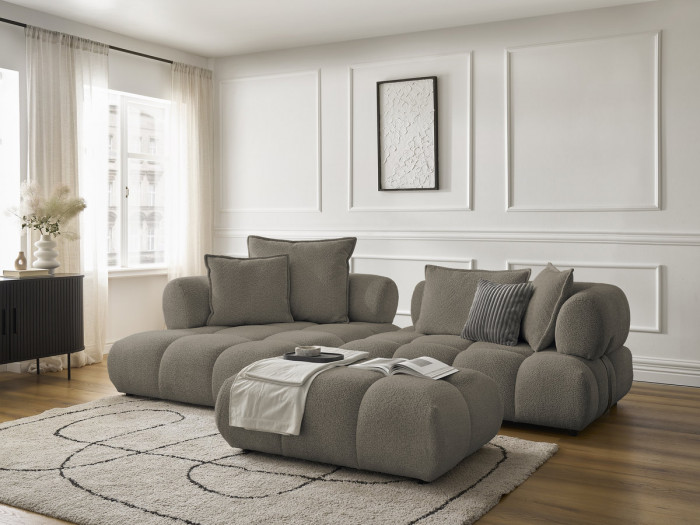 Canapé d'angle fixe ALYA tissu bouclette avec pouf